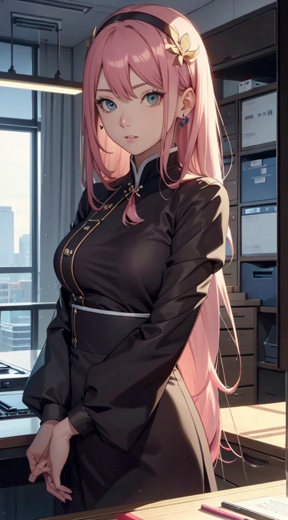 Best quality at best, (realisticlying:1.2), 1个Giant Breast Girl, Alone, 详细的脸, Face focus, Permanent, brunette color hair,(hair adornments:1.35),Female office staff, bow sleeves, separated sleeves, ribbontrim, Wide sleeves, (looking at viewert:1.5) long whitr hair, 黑The eye, By bangs, cparted lips,