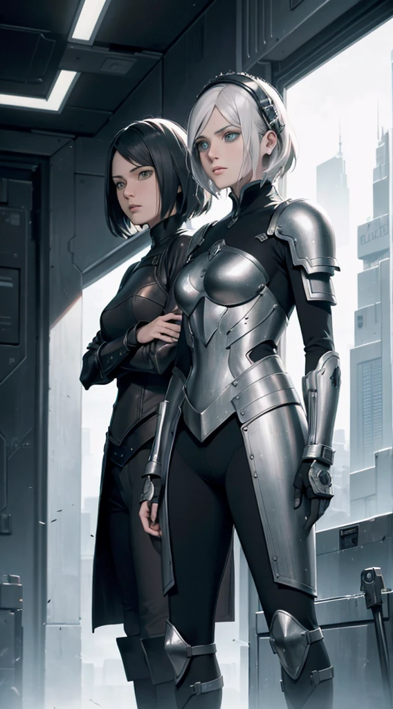 There were two women in armor standing side by side, Highly detailed and hyper-realistic visuals, inspired by Peter Lindbergh, Desaturated and muted colors, Inspired by Nikolai Avlamov, clockpunk, Detailed and beautiful faces, author:Steven James Petroucho, Prometheus (2012)