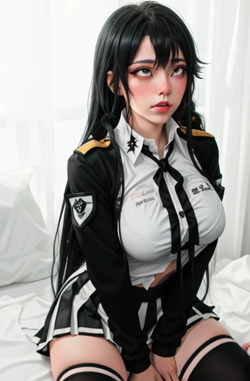(full figure:1.1), (1 girl as yukino yukinoshita:1.5), highres, solo, school uniform, big breasts, waist long black hair, (twintails:0.5), (pleated miniskirt:1.2), (black thighhigh socks:1.2), loose red ribbon, (unbuttoned white shirt:1.4), (ahegao:1.5), (rolling eyes:1.5), (torn clothes:1.5), naked breastss, spread legs, no panties
