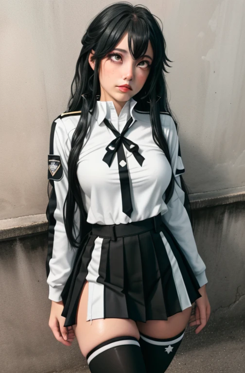 (full figure:1.1), (1 girl as yukino yukinoshita:1.5), highres, solo, school uniform, big breasts, waist long black hair, (twintails:0.5), (pleated miniskirt:1.2), (black thighhigh socks:1.2), loose red ribbon, (unbuttoned white shirt:1.4), (ahegao:1.5), (rolling eyes:1.5), (torn clothes:1.5), naked breastss, spread legs, no panties