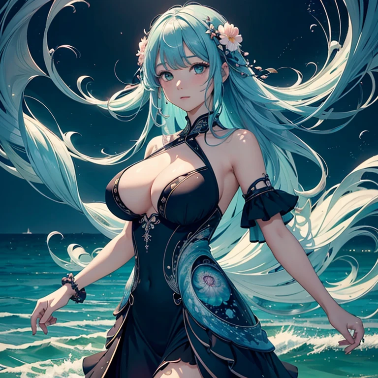 art, Unity 8k壁纸, Ultra-detailed, Beautiful and aesthetically pleasing, (s fractal art: 1.3), flower, girls, (Hairstyles: Long hair) Ocean, Extremely detailed, Cowboy shot, The most beautiful, Seafoam, Buble, cute big breasts, ultra quality, best quality, random background, random dress,
