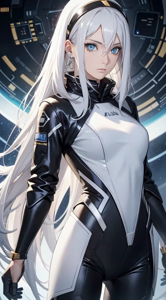 woman with ,Golden-white hair,eBlue eyes,,,black space suit
