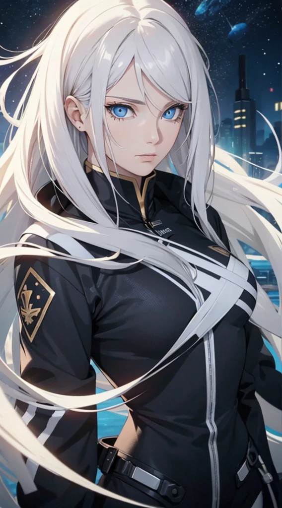 woman with ,Golden-white hair,eBlue eyes,,,black space suit