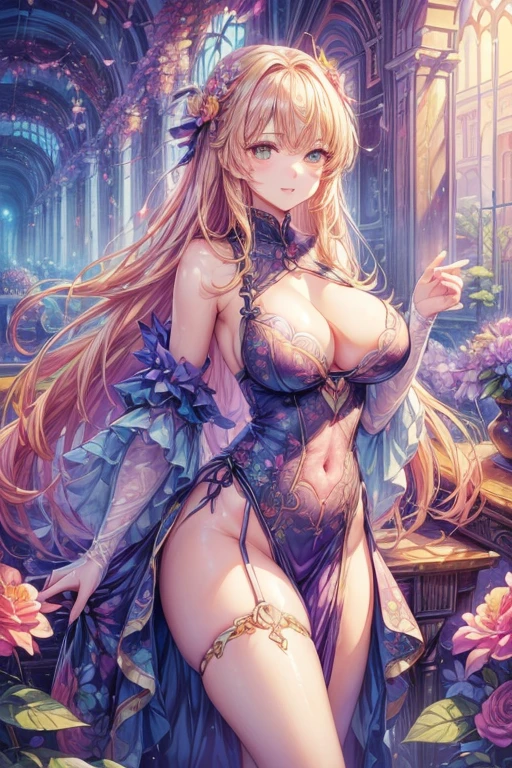 ((top-quality、8K、​masterpiece:1.3)),high-level image quality、最high-level image quality、top-quality、hiquality、slenderbody、Beautiful feceボディーライン、Beautiful fece女性、Colossal tits、Sexy style、Insist cleavage、Boob emphasis、(1girl in:1.4)、ultra-detailliert、Beautiful and aesthetic、Beautiful fece、​masterpiece、Show off your cleavage、undergarment、Huge chest chest)、sexy undergarment、garterbelts、sheer bondage costume、(full body1:4）、Beautiful fece女性は, (medium length yellow hair), Detailed huge breasts, Lovely smile, (Warm colors), moist, moist, Reflectors, (masutepiece) 、(Best Quality) (Detailed) , (8K) (Studio Lighting) (Convoluted) , ((Flower arch so magical and dreamy)), opulent, ethereal fairy tale, Rich pastel color palette, Ethereal dreamy theme, dreamy and detailed, The setting of a fairy tale:, (((building with many flowers)))、anime fantasy artwork, anime fantasy illustration, Beautiful feceアートワークのイラスト, Beautiful feceアニメアートwork, elaborate digital art, Convolutedな華やかなアニメCGIスタイル, anime art nouveau cosmic display, Beautiful feceアニメアート, Beautiful feceデジタル芸術作品, Beautiful feceファンタジーアニメ, Detailed anime artwork, Detailed Digital Anime Art, dreamy psychedelic anime、Sheer Sexy Lingerie、sheer lingerie、Beautiful fece表現、Beautiful fece乳房、A detailed eye、Clearly eye-catching, beautiful and alluring、Beautiful fece目、Narrow waist、Beautiful fece白い肌、red rip、((A large amount of flowers on long hair, many floral decorations))