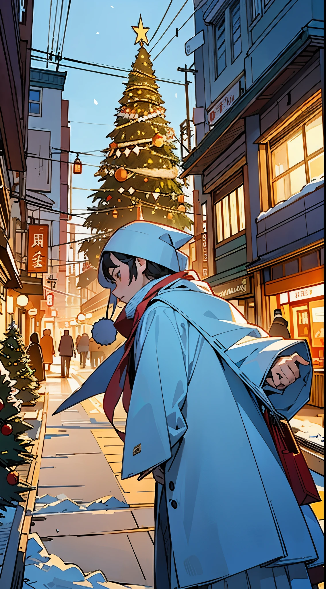 ((masterpiece:1.4、quality))、(Commercial street celebrating Christmas、Japanese city center、Start composing the picture from below、low angles、)、The shopping street is brightly lit、Christmas tree、It snowed heavily,