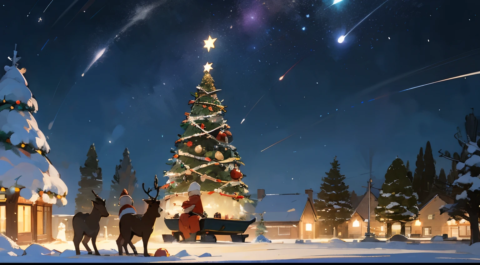 Prompt Title: "Magic Christmas Night" Description: Imagine an enchanting scene full of magic, where the Christmas atmosphere comes to life under a dark, starry sky. This profile prompt invites you to describe a nighttime setting during Christmas Eve, where magic is in the air and joy is palpable. The sky is adorned with twinkling stars, forming constellations that seem to whisper Christmas secrets. The moon, at its fullest, casts a soft light that highlights the snow that gently covers the houses, trees and fields. The colorful lights of Christmas decorations illuminate the streets, creating a mosaic of bright colors that dance in the darkness. At the center of this magical scene, an old clock in the town square chimes midnight, marking the beginning of the long-awaited Christmas Day. The windows of the houses display cozy scenes of families gathered around the fireplace, sharing laughter and stories. The scent of Christmas spices wafts through the air, mingling with the sweet fragrance of pine trees and candles. As snowflakes gently dance, you can see Santa Claus, riding his magical sleigh, cutting across the starry sky. The reindeer, adorned with garlands and bells, pull the sleigh quickly, leaving a trail of shooting stars in their wake. On Santa's face, a warm smile reveals the joy of spreading gifts and happiness throughout the world. Your Christmas profile is the opportunity to capture the magical essence of this special night. Describe how you celebrate Christmas in this enchanting setting, share traditions, feelings and what makes this night unforgettable for you. Let the magic of Christmas shine through your words!