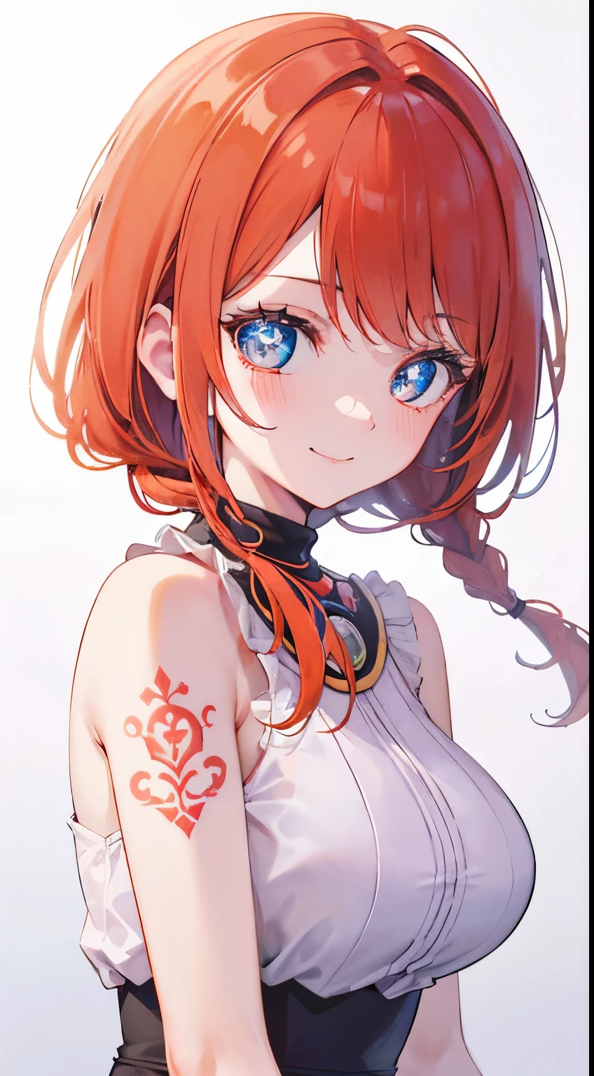 18 year old beautiful girl, blue big eyes, Petite and slender、slightly large breast, ((scarlet orange hair,)),(Loose fluffy short braided hair), in 8K, of the highest quality, (Highly detailed head: 1.0), (Very detailed face: 1.0), (very detail hair: 1.0),(Obscene rubber costume)、sexy tattoo, Detailed official artwork, anime moe art style, clean detailed anime art, Cool smile
