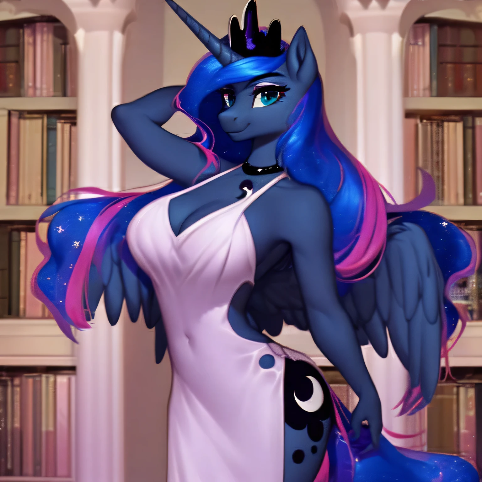 Alicorn princess(1)anthro ,white fur,brown eye color white sclera, blue and purple mane smiling ,big breasts and big ass wearing beautiful dress, standing next to Alicorn princess (2) white mane,black sclera ,black body color long flowing mane pink eyes anthro thicc thighs huge breasts sexy