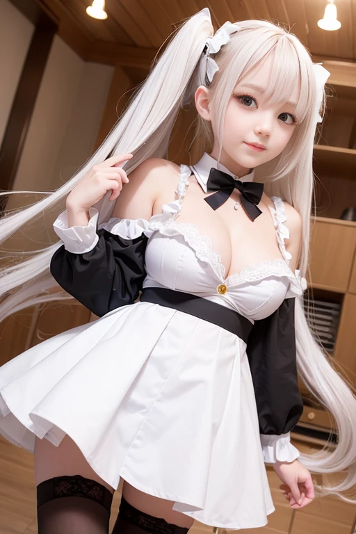 a beauty girl、white short coat with fur、exposed thighs、slenderbody、kawaii faces、white tights、White blouse with frills、brown shoes with high soles、ribbon on tights、Idle face、Model body type、ta with big breasts like a high school student、a smile、masutepiece、colorful ribbons on tights、Wrap a tulle ribbon around your hair、Wavy voluminous twin tails、Lower milk is visible、loliashion、waitress