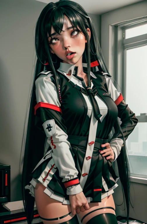(full figure:1.1), (1 girl as yukino yukinoshita:1.5), highres, solo, school uniform, big breasts, waist long black hair, (twintails:0.5), (pleated miniskirt:1.2), (black thighhigh socks:1.2), (loose red ribbon:1.2), (unbuttoned white shirt:1.5), (ahegao:1.5), (rolling eyes:1.5), (torn clothes:1.5), naked breastss, spread legs, no panties