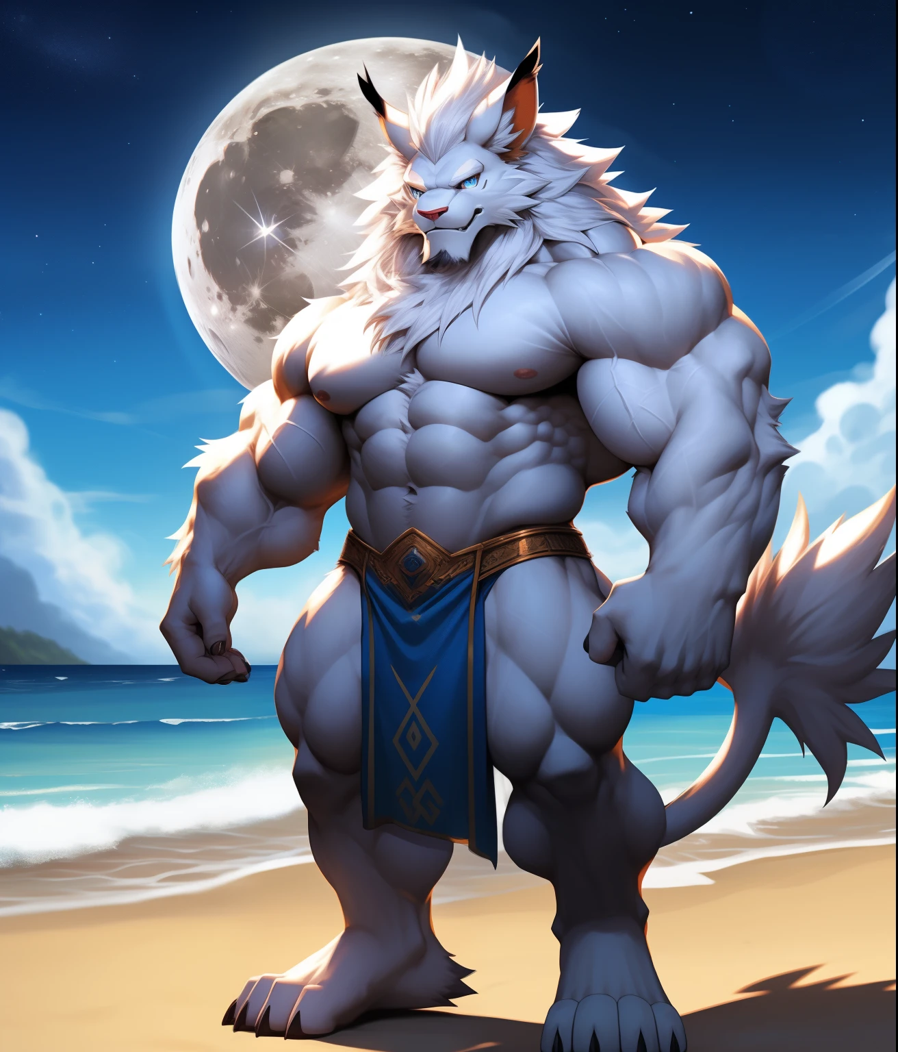 PRO competitive bodybuilder, nj5furry, ( albino, Leomon, massive, huge, muscular), albino Leomon, ((extremely realistic shadows, masterpiece, extremely detailed, photorealistic)), kemono, looking at the viewer, ((FRONT)), silver mane, Leomon albino, ((detailed face)) red nose, blue eyes, ((detailed eyes)), white skin, white fur, white hair, height 3 meters high, the optimal height, tight clothing, 190 kg,  body full of huge muscles; bulge in the crotch, muscle and bulge pecs, ripped abs, V-shaped body, thick waist, long legs, strong arms manly, handsome face, attractive cool calm face type with a kindsmile, topless. Beach, night, moon, moon rays, nebula; he wears a blue and white cloth ornament loincloth revealing huge muscular thighs. ((illuminated)) He has an aura of wisdom and tranquility around him, although he has a kind smile, his eyes have some sadness.