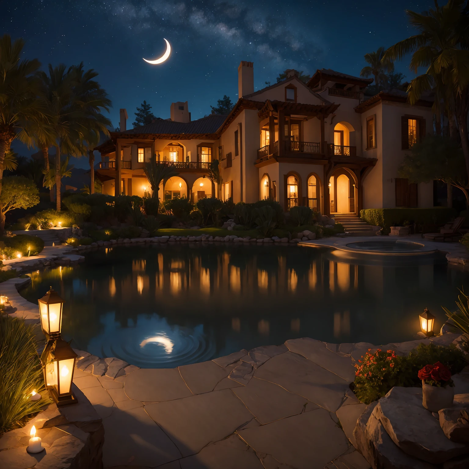 A romantic villa with an atmosphere reminiscent of the Arabian Nights.、There is a garden with luxurious decorations and roses.。ina、Rin々A tall young man and a cute girl are happily hugging each other.。pure、A crescent moon and a galaxy shine in the night sky.、The golden landscape of the desert is spreading。A lyrical scene is spreading throughout.。