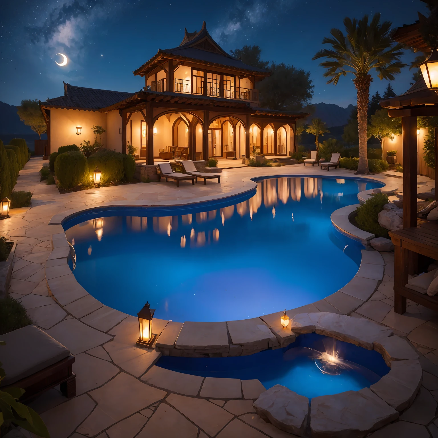 A romantic villa with an atmosphere reminiscent of the Arabian Nights.、There is a garden with luxurious decorations and roses.。ina、Rin々A tall young man and a cute are happily hugging each other.。pure、A crescent moon and a galaxy shine in the night sky.、The golden landscape of the desert is spreading。A lyrical scene is spreading throughout.。
