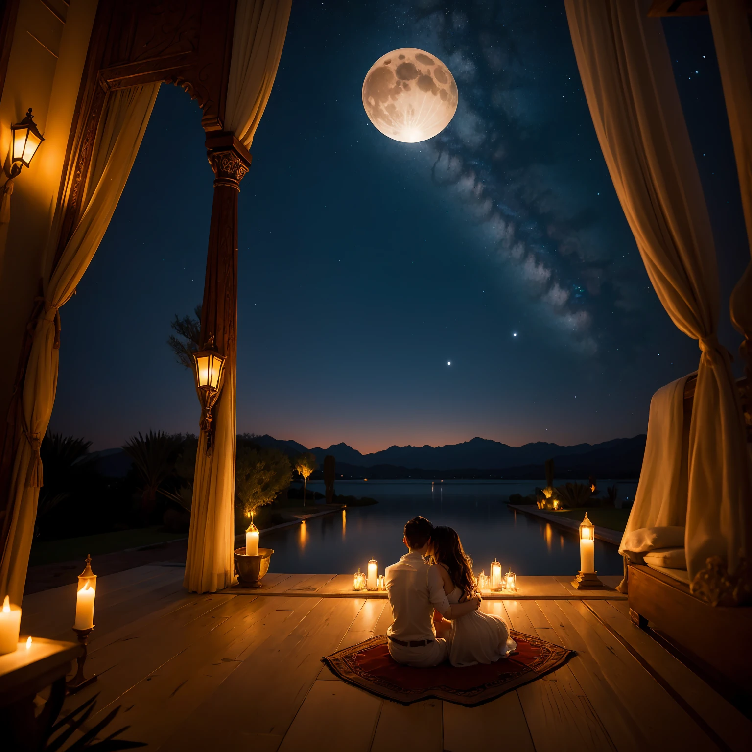 A romantic villa with an atmosphere reminiscent of the Arabian Nights.、There is a garden with luxurious decorations and roses.。ina、Rin々A tall young man and a cute  girl are happily hugging each other.。pure、A crescent moon and a galaxy shine in the night sky.、The golden landscape of the desert is spreading。A lyrical scene is spreading throughout.。