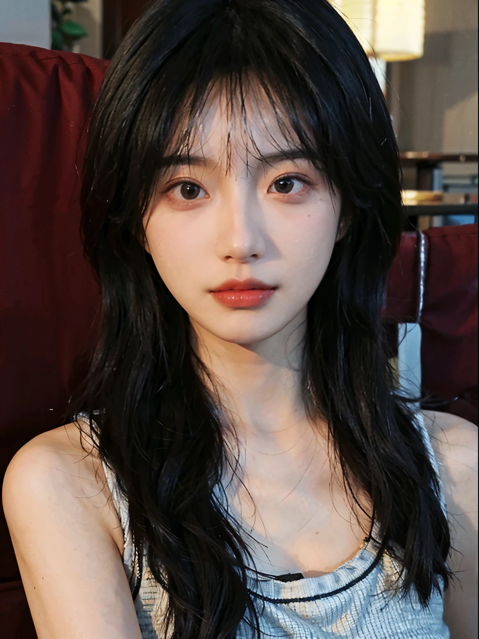 super high image quality，8K，Close-up of a woman with long hair and white tank top, jinyoung shin, Big-breasted beauty，，Cute and delicate face, Urzans, beautiful Korean women, author：Against the sky, author：Zhang Han, xintong chen, Korean girls, young and lovely Asian face, by Ye Xin, beautiful young korean woman, Beautiful and delicate face, ruan jia beautiful!, Avatar avatar