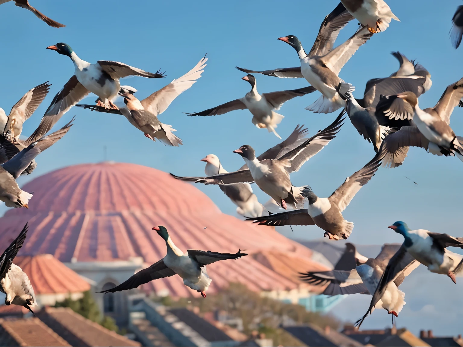 A flock of birds flying through the air,clear photo