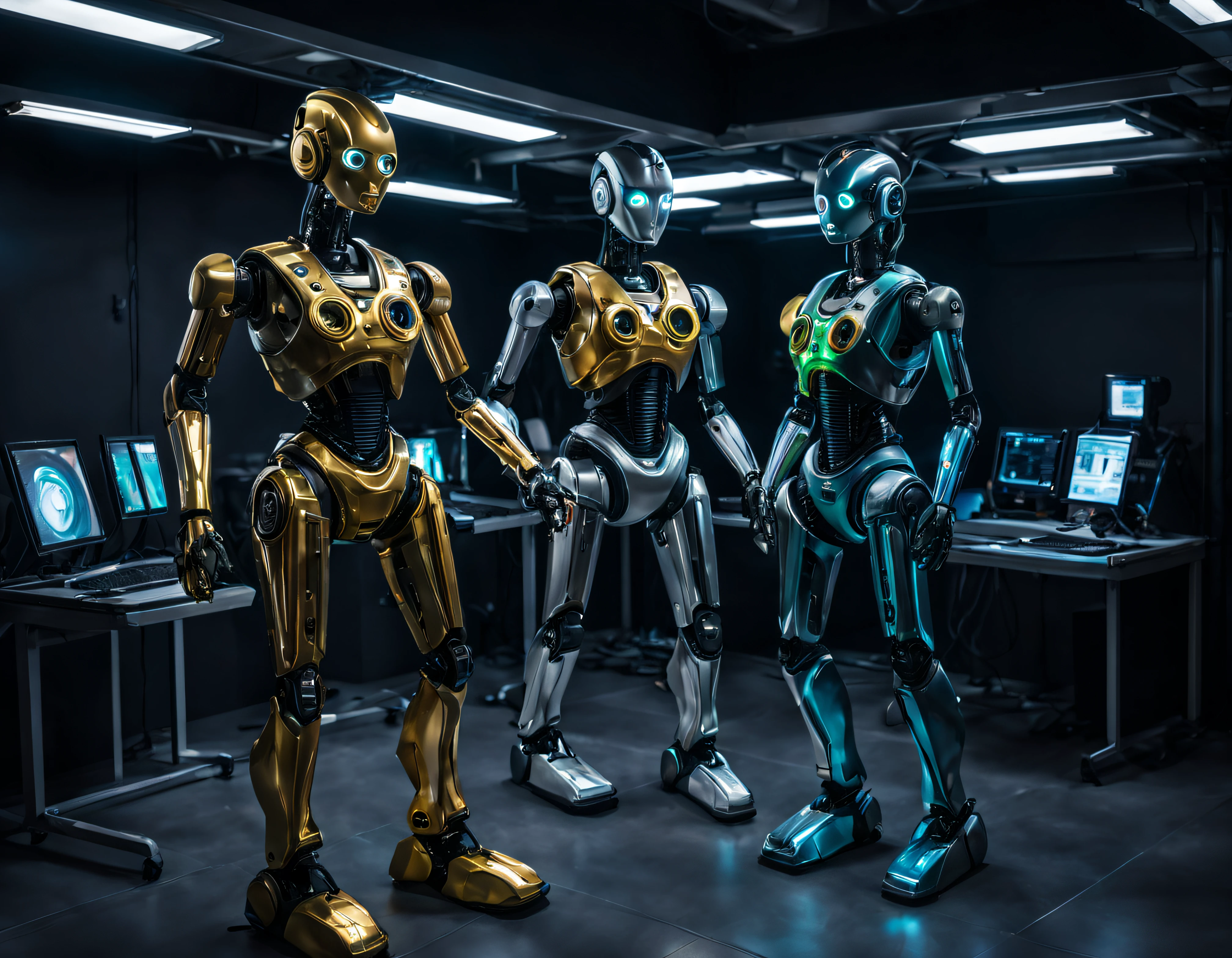 ((cuerpo completo)), robot humanoide femenino totalmente mecanico de cuello para abajo y con la cara verde claro, con partes abiertas donde se deja ver cableado y maquinariay luces indicadoras led rojas, verdes , azules y amarillas en la pechera. hiperrealista y con sensacion de movimiento. color del chasis, plata, oro y bronce,se encuentra, en un amplio salon del centro de control de una spacecraft, con gran tecnologia instrumental, ordenadores, luces indicadoras led de diferentes colores,terminal de computadora,servidores de computadoras, pantallas lcd, algun robot sentado manejando estos ordenadores, y con un amplio ventanal donde se ve el espacio , estrellas , nebulosas, en un entorno de ciencia ficcion de primer nivel ,todo lleno de imaginacion,ciencia ficcion y (intrincados detalles de la maquina).imagen fotorrealista,nitidez maxima, calidad 8k.(obra maestra de calidad superior).(renderizado 3d). ((obra maestra de superior calidad)).