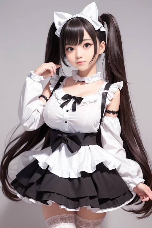 Photorealistic, high resolution, A Japanese Maid named Kimmi, solo, heavy makeup, Hips up, (standing) (Detailed face), Black hair, Long hair, black and white corset, white lace Panties , black micro skirt, fishnet Stockings. Fully clothed.