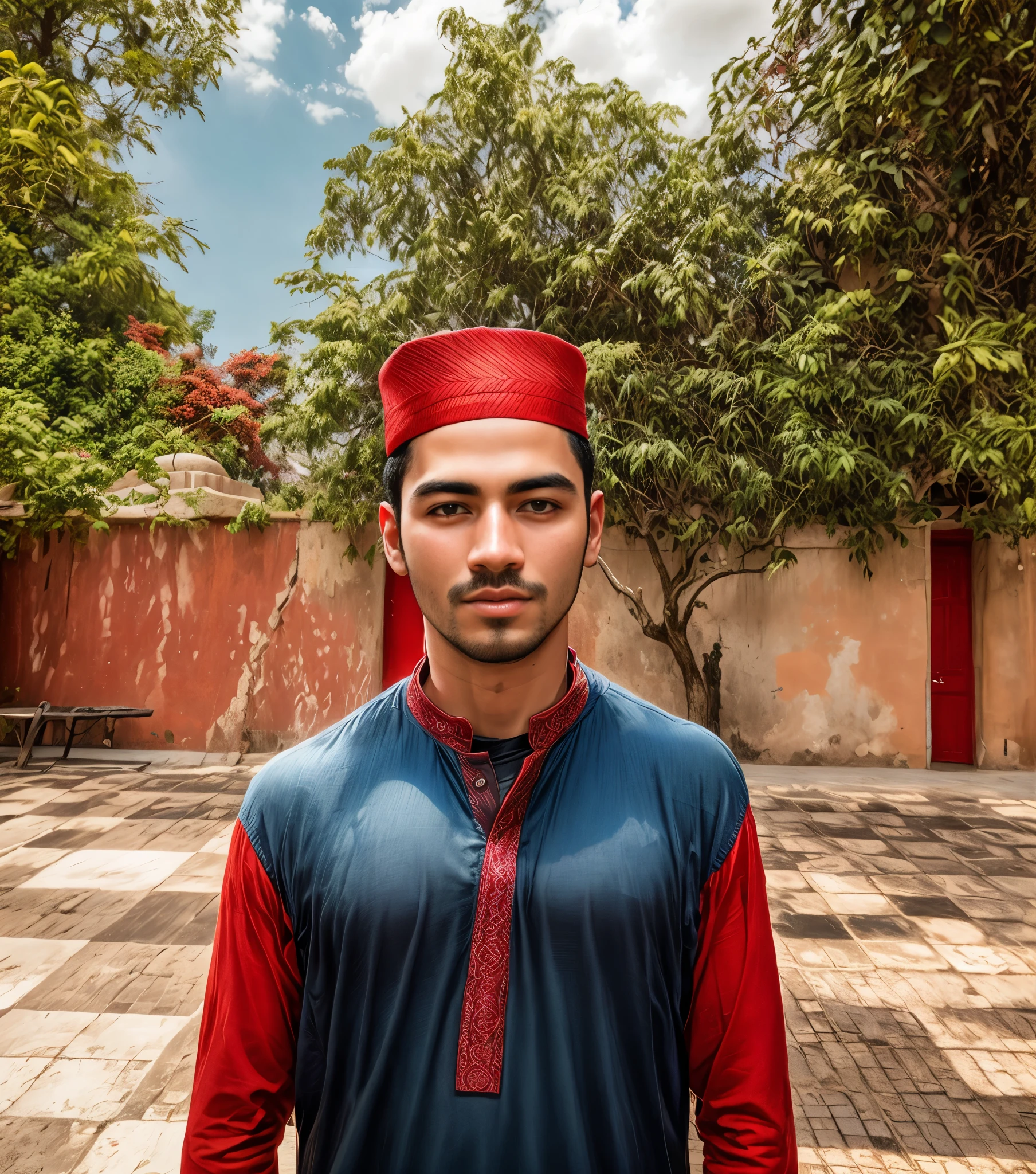 arafed man in a red shirt and blue hat standing in a courtyard, shot on nikon z9, young commoner, he is in a mosque, ismail, wideangle portrait, shot on canon eos r5, shot on canon eos r 5, shot on iphone 1 ro max, wide - angle portrait, riyahd cassiem, wearing black cap