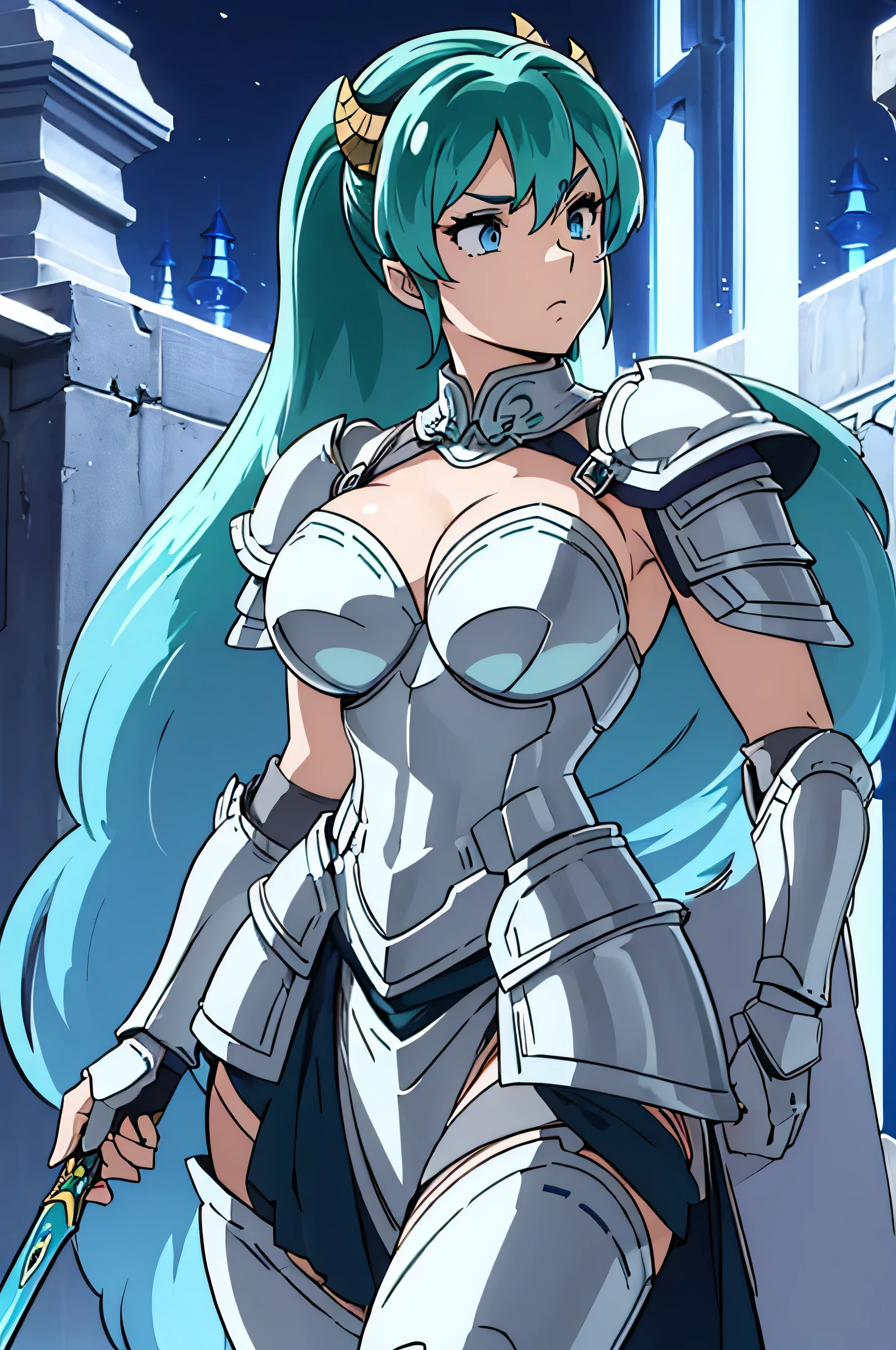 top-quality、ultra-detailliert、Blue eyes、Colossal tits、Green haired、1 female、Ram、(((High-leg armor)))、Clothes with Cleavage View、pony tail hairstyle、Has a huge sword、Empty background、Shyness、(((Forward View)))