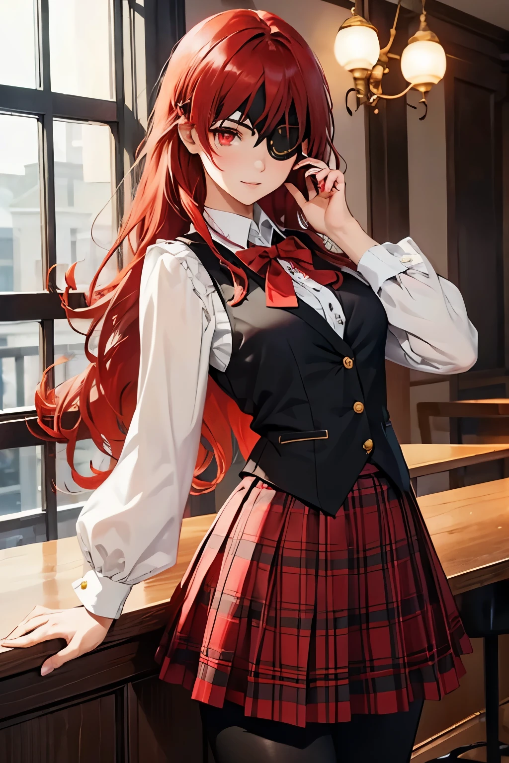 ((best quality)), ((masterpiece)), (detailed), perfect face, ((eyepatch:1.2)), (long hair:1.4), (red hair, red eyes:1.4), 1girl, solo, skirt, shirts, vest, legging, white shirts, Button-up shirts, black vest, smile, outdoors, black skirt, looking at viewer, black legging, rose pattern legging, long sleeves, bangs, ribbon, frilled skirt, frills, plaid, bow, Star shape eyepatch, gold eyepatch, standing, red ribbon, wide sleeves, hand on waist, medium breasts, cafe, inside bosco cafe, cowboy shot, elegance, adult women