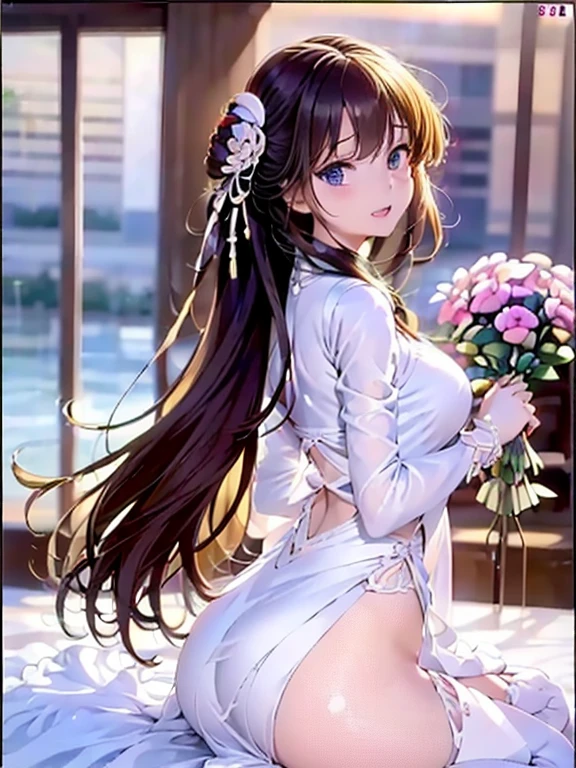 (Best quality at best,4K,8K,A high resolution,tmasterpiece:1.2),jpn,,one-girl,is shy,Superskirt:1.5,white colors,is shy地,looking back at the camera,get down on the bed:1.8,Pouting your hips:1.33,Cocked
