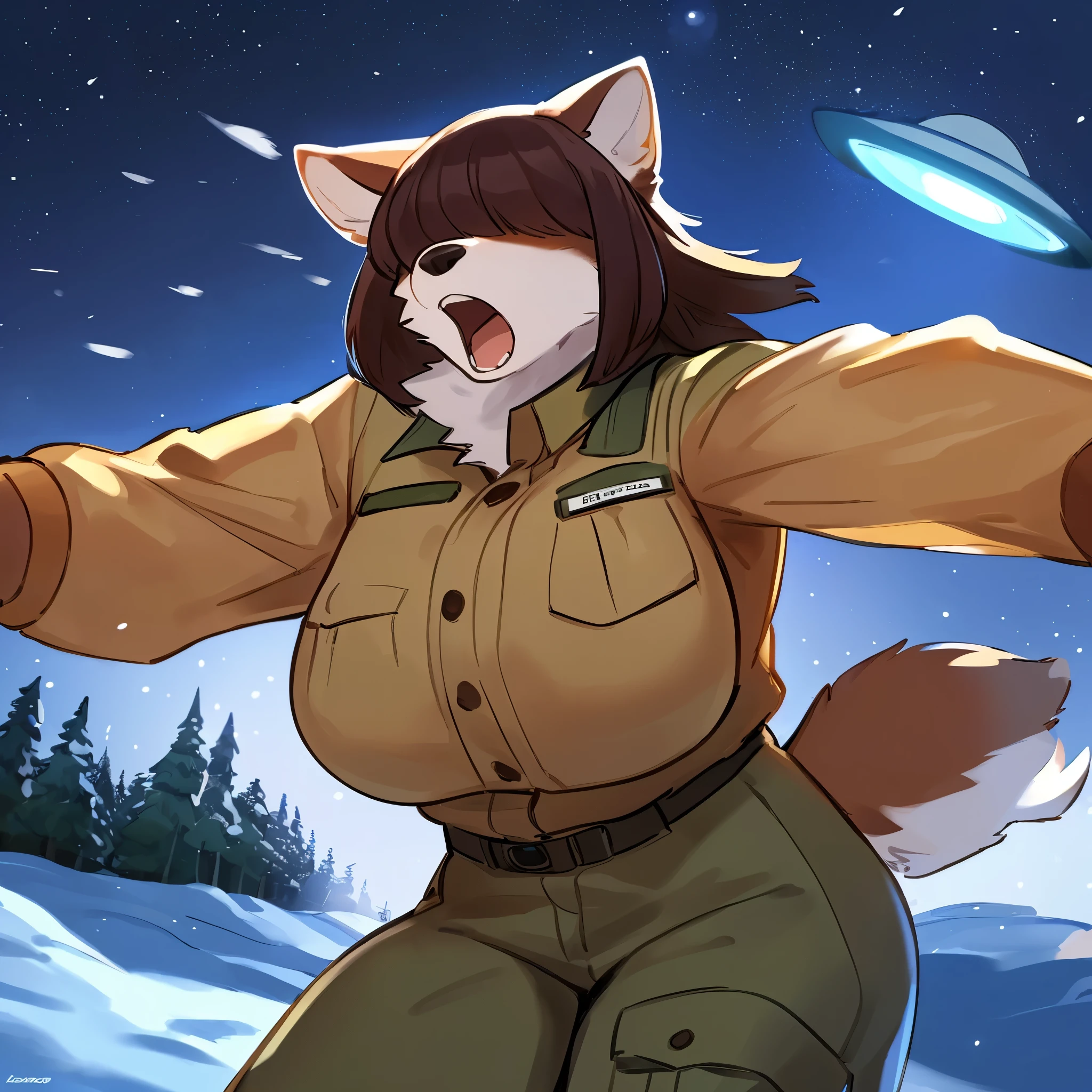 By bebebebebe, by lostgoose, by goonie-san, female, ((canine, snout, hair covering eyes, straight hair, medium hair, flat hair, ears, thin snout)), brown fur, big poofy tail, raised tail, dark maroon hair, (muscular, big breasts), solo, shocked pose, surprised pose, shocked expression, surprised expression, open mouth, standing, (park ranger uniform, tan uniform, green cargo pants), forest, snow, snowing, night time, moon, (((looking up at UFO, UFO in the sky, silver UFO, windy, blowing snow everywhere)))