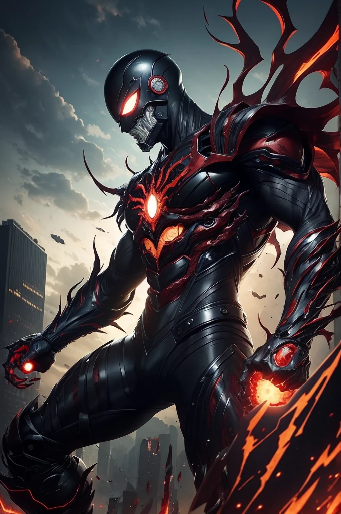 Imagine a fusion between Genos, the powerful cyborg hero from One Punch Man, and Carnage, the chaotic symbiote from the Spider-Man universe. This amalgamation would result in a formidable entity with sleek, metallic limbs reminiscent of Genos's advanced technology, infused with the dark and menacing essence of Carnage. The symbiotic influence weaves through Genos's structure, giving his body a dynamic, shifting appearance with tendrils of red and black intertwining. Sharp, serrated edges extend from his cybernetic limbs, resembling the lethal tendrils characteristic of Carnage. The fusion embodies a deadly combination of Genos's combat prowess and Carnage's unpredictable and malevolent nature, creating a fearsome and visually striking character.