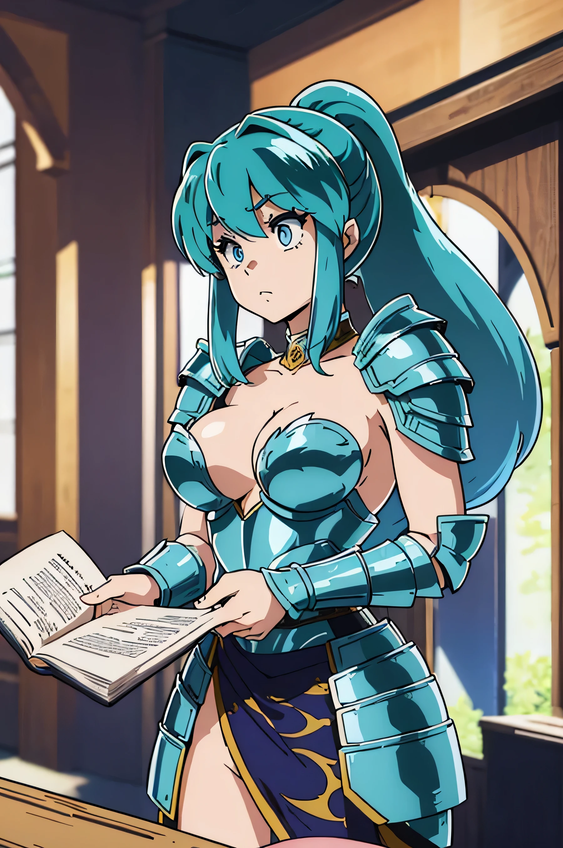 top-quality、ultra-detailliert、Blue eyes、Colossal tits、Green haired、small corner２There are books、1 female、Ram、tiger pattern armor、(((High-leg armor)))、Clothes with Cleavage View、pony tail hairstyle、Has a huge sword、Empty background、Shyness、(((Forward View)))