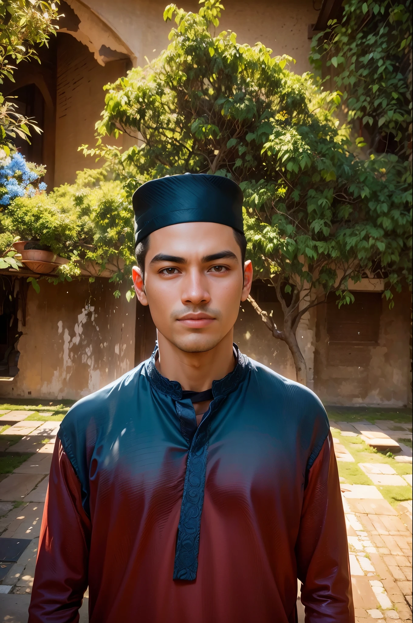 arafed man in a red shirt and blue hat standing in a courtyard, shot on nikon z9, young commoner, he is in a mosque, ismail, wideangle portrait, shot on canon eos r5, shot on canon eos r 5, shot on iphone 1 ro max, wide - angle portrait, riyahd cassiem, portrait shot 8 k, in a beautiful garden with black cap