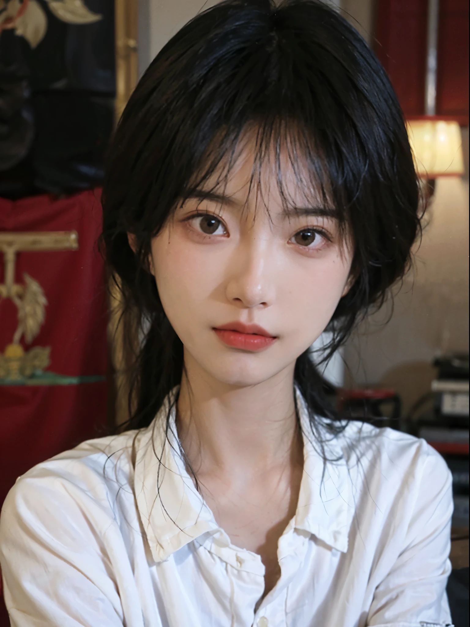 super high image quality，8K，Fide (arafed) longblackhair、Asian woman in white shirt, soft portrait shot 8 k, she has black hair With bangs, jinyoung shin, IU, 8k artistic german bokeh, soft portrait, Nam Jae-yeon, innocent look, ulzzangs, Starting from 8K matte, Bae Xiuzhi, 🤤 girl portrait, With cute doting eyes, With bangs