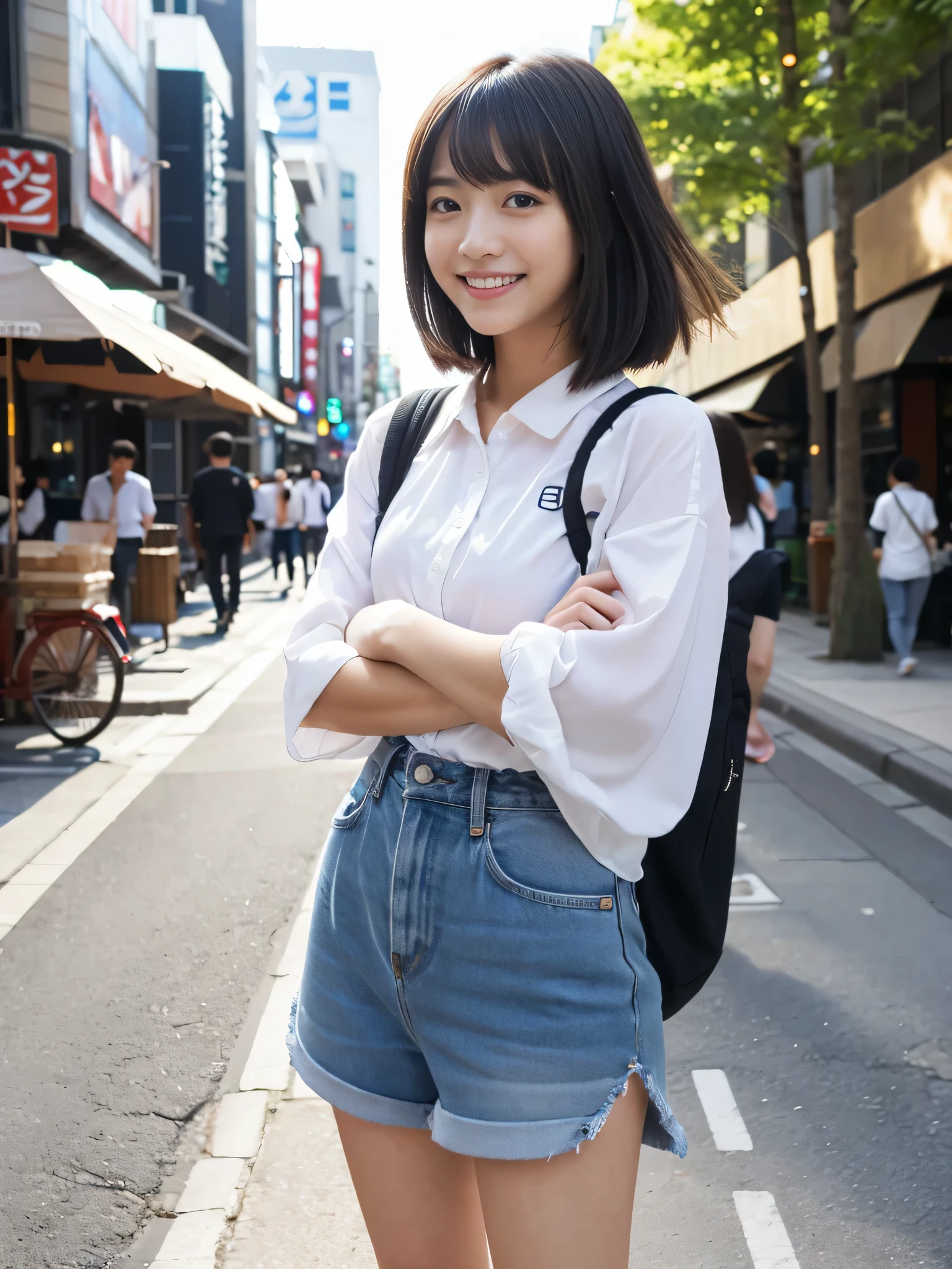 ultra best quality、​masterpiece、超hight resolution、depth of fields、(Photorealsitic:1.4)、(awardwinning photo、信じられないほどの​masterpiece:1.3) 、Raw photography、the golden ratio、the Extremely Detailed CG Unity 8K Wallpapers、Detailed and complex、Original、hight resolution、Raw foto、(perfect body type)、Detailed and complex、Digital SLR、softlighting、(background person blur:1.1)、SIGMA 85 mm F/1.4、50mm Lenac lighting、nffsw、hyper realstic、Color Grade、dynamicposes、Portrait Break、 独奏、short-hair:1.4、girl with、Super beauty、(Full body like:1.2)、japanese bodybian、独奏)、thighs gap、A smile:1.4、University、cute little女子高生、short-cut、Detailed Realistic、Skin Texture、(realistic human skin texture)、Front view View viewer、natural soft light、Daytime、in a street、deep-shadows、cute little、21 years old BREAK、 a street、The state of the store、akihabara、Shinjuku、with no people、(akihabara:1.2)