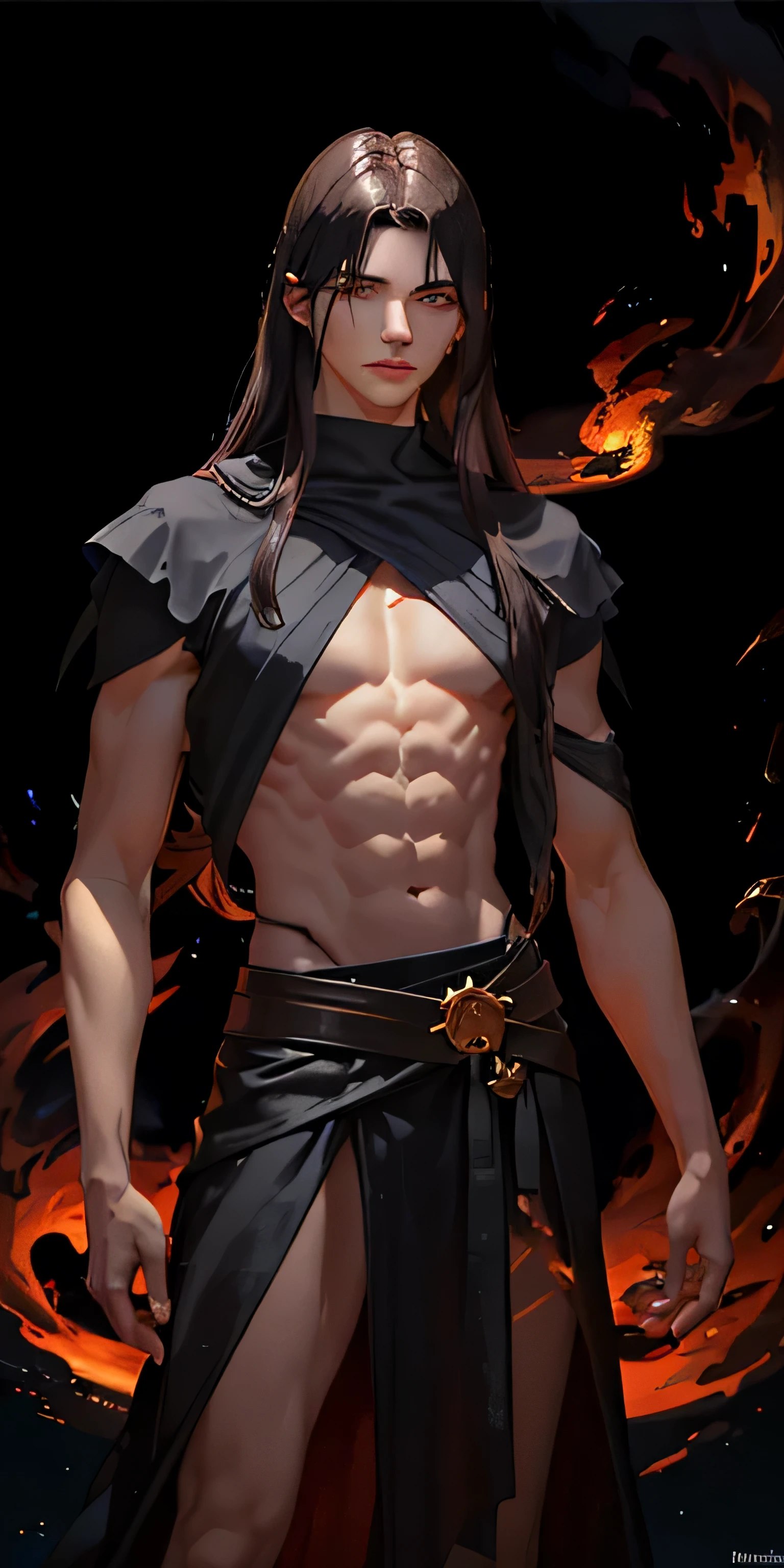 (photorealistic:1.4),best quality, masterpiece,male,thin,muscle, flames danced in his eyes, a young mage with long, dark chestnut hair stood tall, his figure cloaked in a mesmerizing shade of dark gray. They called him the pyromancer, for he possessed a profound affinity for fire that both intrigued and feared those who crossed his path.