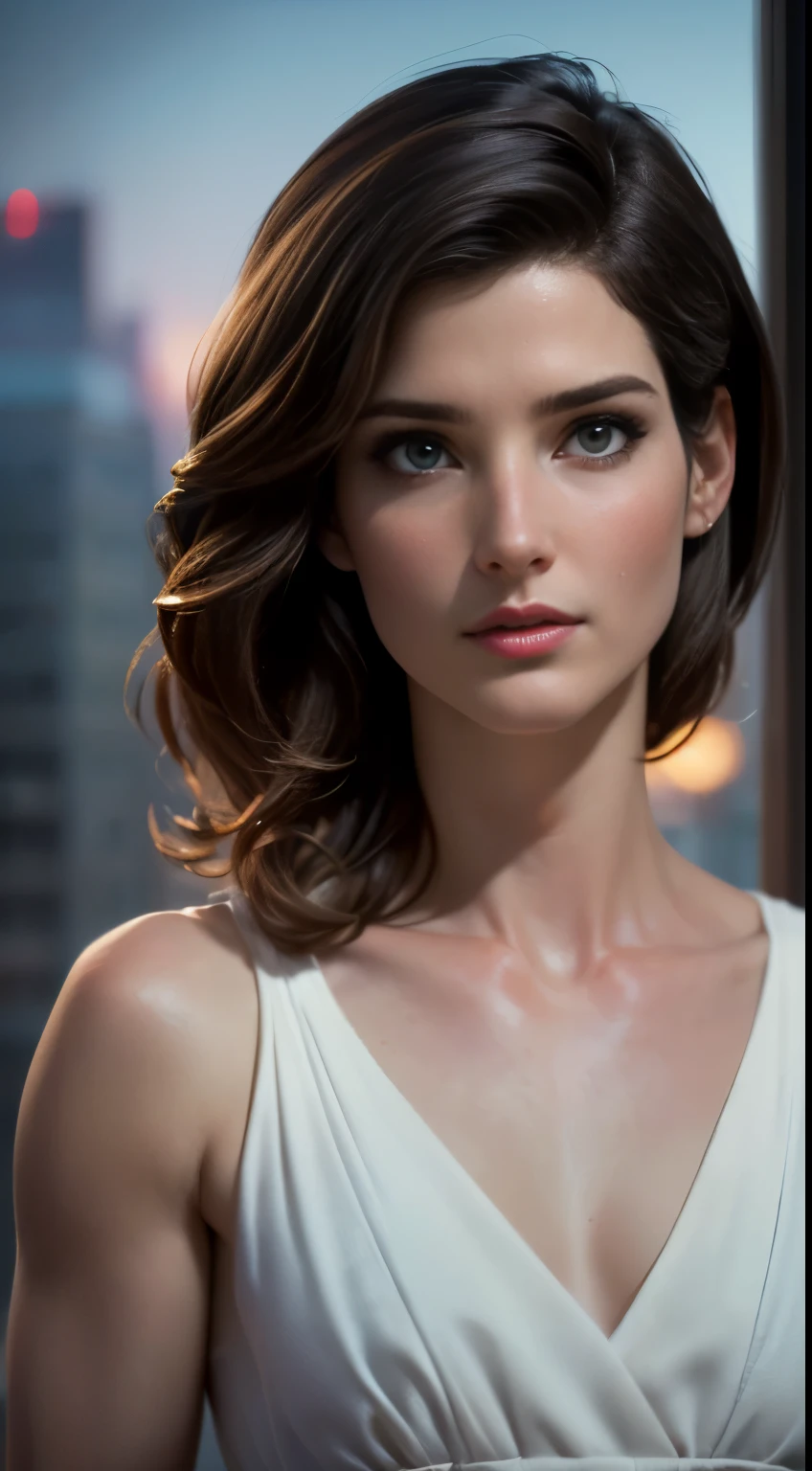 photo of Cobie Smulders, RAW, beautiful woman, ((portrait)), ((detailed face:1.2)), ((detailed facial feature, detailed skin, clear skin), (perfect proportioned body), (wearing a colorful dress) (high detailed city environment, apartment balcony), (realistic photo, best quality, detailed), (8k wallpaper), (cinematic lighting, dramatic lighting) (sharp focus, intricate)