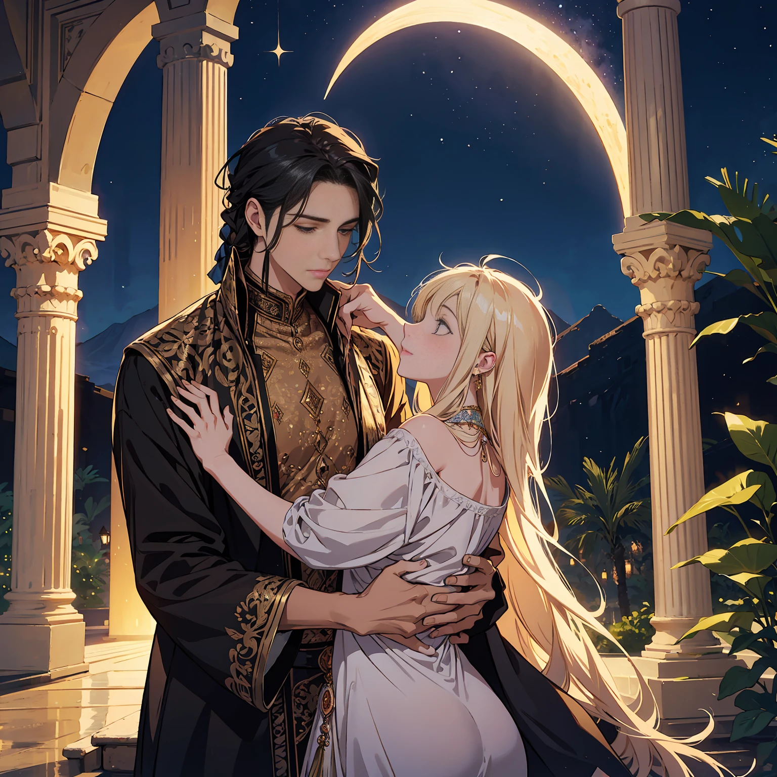 A romantic villa with an atmosphere reminiscent of the Arabian Nights.、There is a garden with luxurious decorations and roses.。ina、Rin々A tall young man and a cute are happily hugging each other.。pure、A crescent moon and a galaxy shine in the night sky.、The golden landscape of the desert is spreading。A lyrical scene is spreading throughout.。