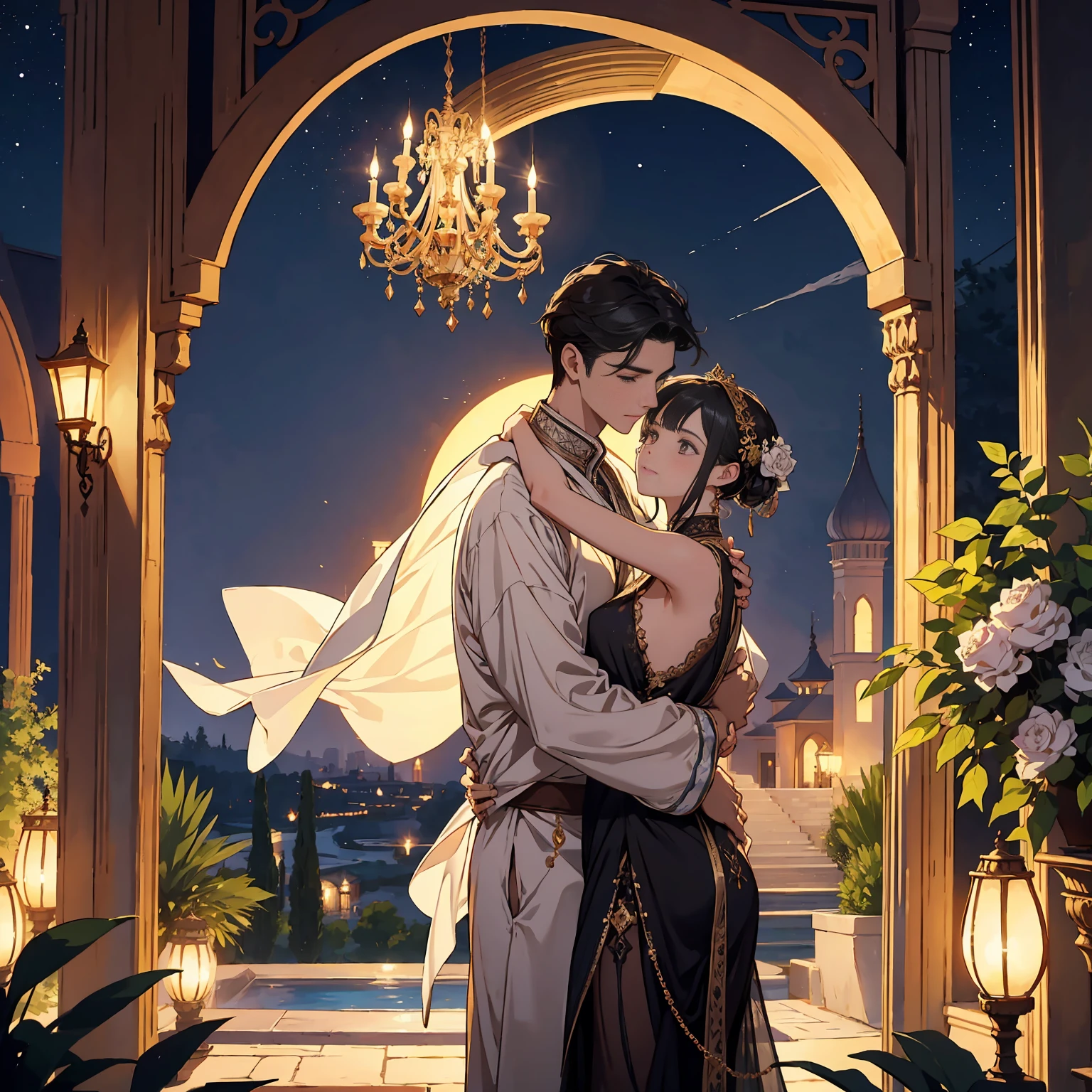 A romantic villa with an atmosphere reminiscent of the Arabian Nights.、There is a garden with luxurious decorations and roses.。ina、Rin々A tall young man and a cute little girl are happily hugging each other.。pure、A crescent moon and a galaxy shine in the night sky.、The golden landscape of the desert is spreading。A lyrical scene is spreading throughout.。