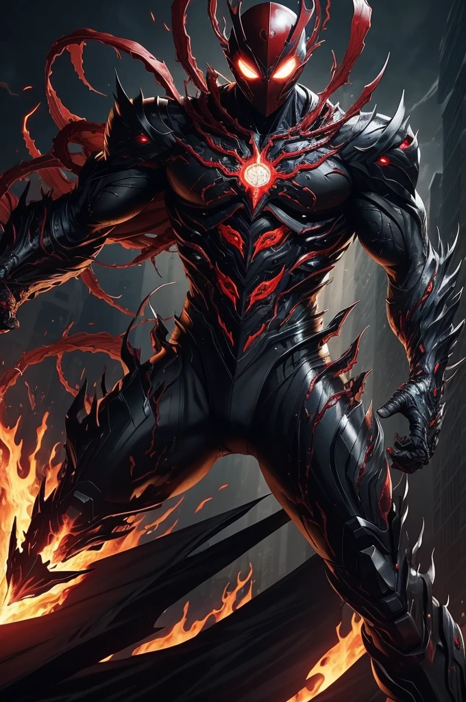 Imagine a fusion between Genos, the powerful cyborg hero from One Punch Man, and Carnage, the chaotic symbiote from the Batman universe. This amalgamation would result in a formidable entity with sleek, metallic limbs reminiscent of Genos's advanced technology, infused with the dark and menacing essence of Carnage. The symbiotic influence weaves through Genos's structure, giving his body a dynamic, shifting appearance with tendrils of red and black intertwining. Sharp, serrated edges extend from his cybernetic limbs, resembling the lethal tendrils characteristic of Carnage. The fusion embodies a deadly combination of Genos's combat prowess and Carnage's unpredictable and malevolent nature, creating a fearsome and visually striking character.
