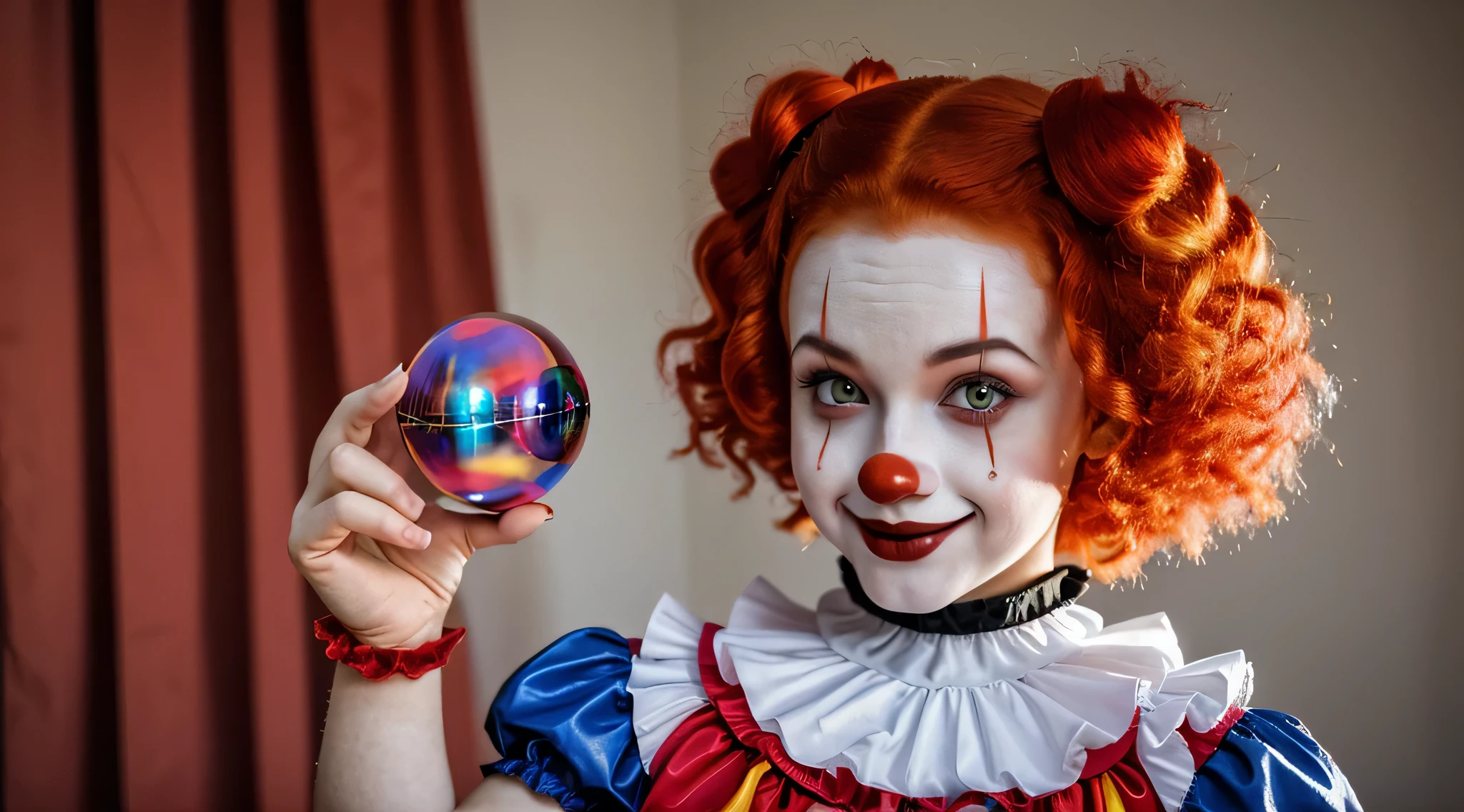 MENINA de cabelo ruivo segurando uma bola de cristal, palhaça girl, goth palhaça girl, creepy palhaça girl, menina com poderes mágicos, palhaça, Retrato da menina mágica, Shutterstock, Foto retrato, pauline hanson as a palhaça, Retrato de uma jovem bruxa, wearing accurate palhaça makeup, Retrato do artista circense, adivinho