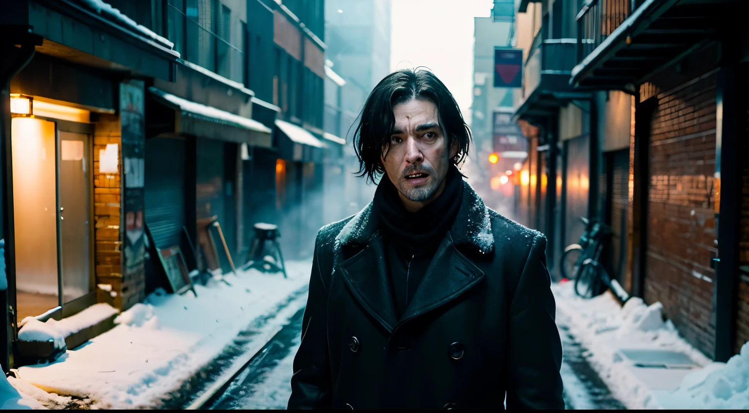 Scenario Description: The scene unfolds in a narrow, shadowy alley, where the flickering light of a dim streetlight battles the darkness. The ground is covered in a thin layer of snow, creating an unforgiving winter atmosphere. Snowflakes slowly fall from the night sky, adding a hint of ephemeral beauty to the brutality that unfolds. The man, wearing worn-out clothes and a heavy coat that has seen better days, stands in the center of the alley, surrounded by slowly advancing zombies. His face reflects determination and a faint hint of desperation, as his visible breath condenses in the frigid air. Steam rises from his mouth amidst his rapid heartbeat. Rev. A Challenge: Describe the man in detail, revealing his facial expression, the tension in his movements and the marks of fighting the zombies. Explore the emotional dilemma he faces as he struggles to survive in this sinister alley, highlighting the visual and sensory elements that make up this apocalyptic winter scenario.