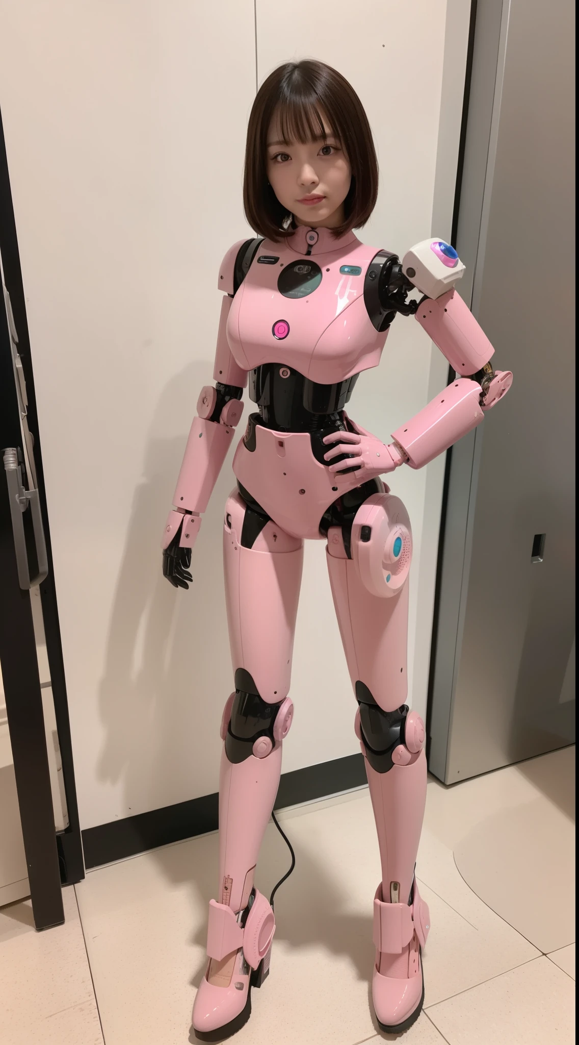 masterpiece, best quality, extremely detailed, (8K, 4K, Best Quality, Hight resolution, 超A high resolution:1.1), 8K portrait,1girl in, Japanese android girl, android teacher, control panels, android, Droid, Mechanical Hand, ,Robot arms and legs, Black hair, Mechanical body, Blunt bangs, Pink Robotics Parts, perfect robot woman, Charging spot, Long Tube, A thick cable was connected to her neck, ceramic body , android, robot humanoid, panty, full eyes, perfect mechanical body, pink robotics body, future assembly plant, Pink body, She has repaired, lack sponge joints, android assembly plant, android, laboratory, platform boots, perfect machine body, pink robot body