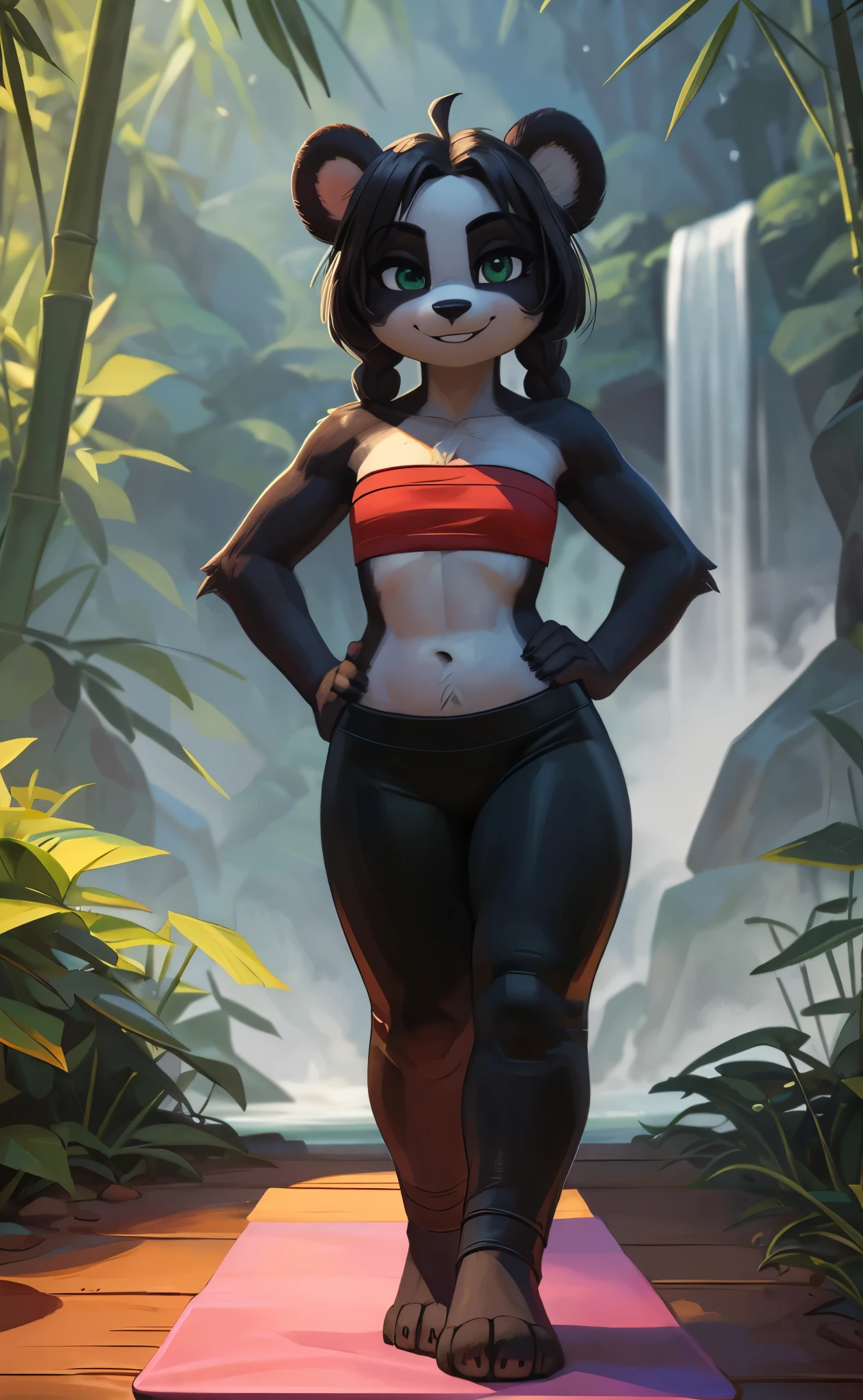 [Yaya Panda], [Uploaded to e621.net; (Pixelsketcher), (wamudraws)], ((masterpiece)), ((HD)), ((solo portrait)), ((full body)), ((front view)), ((feet visible)), ((furry; anthro)), ((detailed fur)), ((detailed shading)), ((beautiful render art)), ((intricate details)), {anthro panda; (black fur), (white fur), black nose, (cute green eyes), (short eyelashes), black hair, braided hair, (curvy hips), (beautiful legs), (beautiful paws), (smug grin)}, {(red bandage bandeau), (bandages a-crossed chest), (green yoga pants)}, {(on yoga mat), (standing), (hands on hip), (looking at viewer)}, [background; (bamboo forest), (waterfall), (fog), (blue sky), (cloudy)]