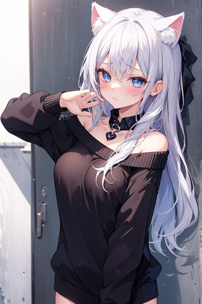 best quality, ultra precision, 1girl, cute, little girl, young, boyish, big breasts, childish, silver hair, cat ears, blue eyes, beautiful eyes, girl, ecstasy, sailor collar, estrus, metestrus, start to undress, naughty mood, she loves you, lost virgin, virgin, blush, sexy, beautiful skin, big bow on chest I'm not wearing panties BLUE SWEATER, BLACK SHIRT, SHIRT UNDER SWEATER, OFF SHOULDER TOP) Tsundere leaning against the wall