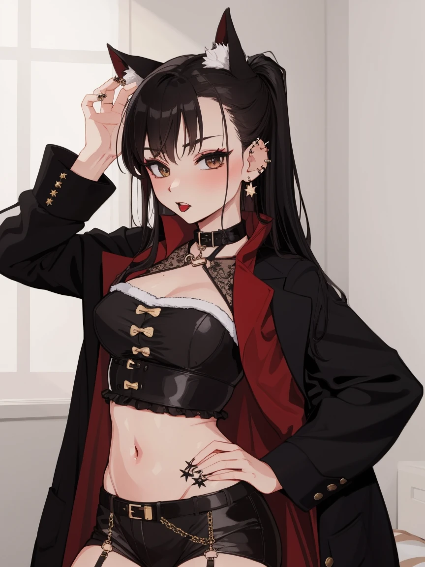 black straight long hair, hime cut, girl, Black gothic lolita dresses, red eyes, pale white skin, masterpiece, Best Quality, extremely detailed eye, Tattoos, lots of Piercing, kawaii, depth of fields