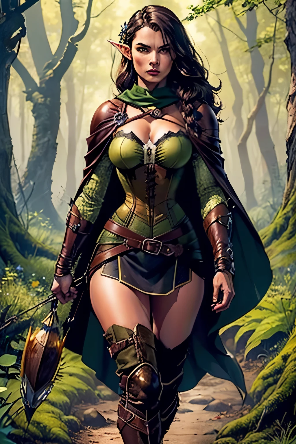 (masterpiece, top quality, best quality, official art, beautiful and aesthetic:1.2), (1girl:1.3), dark brown hair in a single braid, extremely detailed, portrait, looking at viewer, solo, (full body:0.6), detailed background, close up, cat eyes, (warm summer forest theme:1.1), ((elf)) ranger, charlatan, smirk, mysterious, walking in forest, revealing ranger attire, brown leather, cowl, cloak, corset, long boots, buckles, straps, pouches, bow and arrow, green fabric, brown leather,slim waist, slim hips, long legs, medieval (forest exterior:1.1) background, dark mysterious lighting, shadows, magical atmosphere, dutch angle