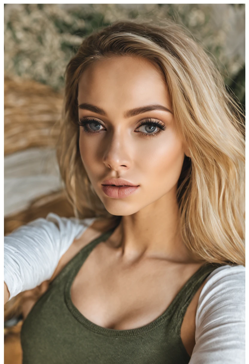 oman with matching tank top and panties, fille sexy aux yeux bleus, Portrait Sophie Mudd, Portrait de Corinna Kopf, cheveux blonds et grands yeux, selfie of a young woman, ohne Maquillage, maquillage naturel, Look directly into the camera, Visage avec Artgram, dezentes Maquillage, Superbe photo du corps entier, dans la chambre, gros seins, Blonde, Latin