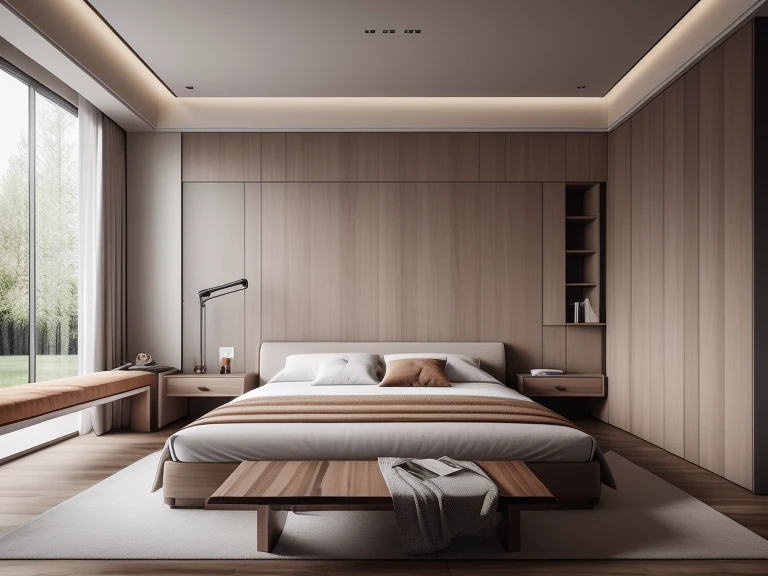 tmasterpiece, high high quality, super detailing, minimalist, Interior design,One floor，only one big bed,put the bed in the middle，the benches，modern，The background of the bed is dark wood grain，Wood grain is divided into two colors，Sunlight shines indoors，