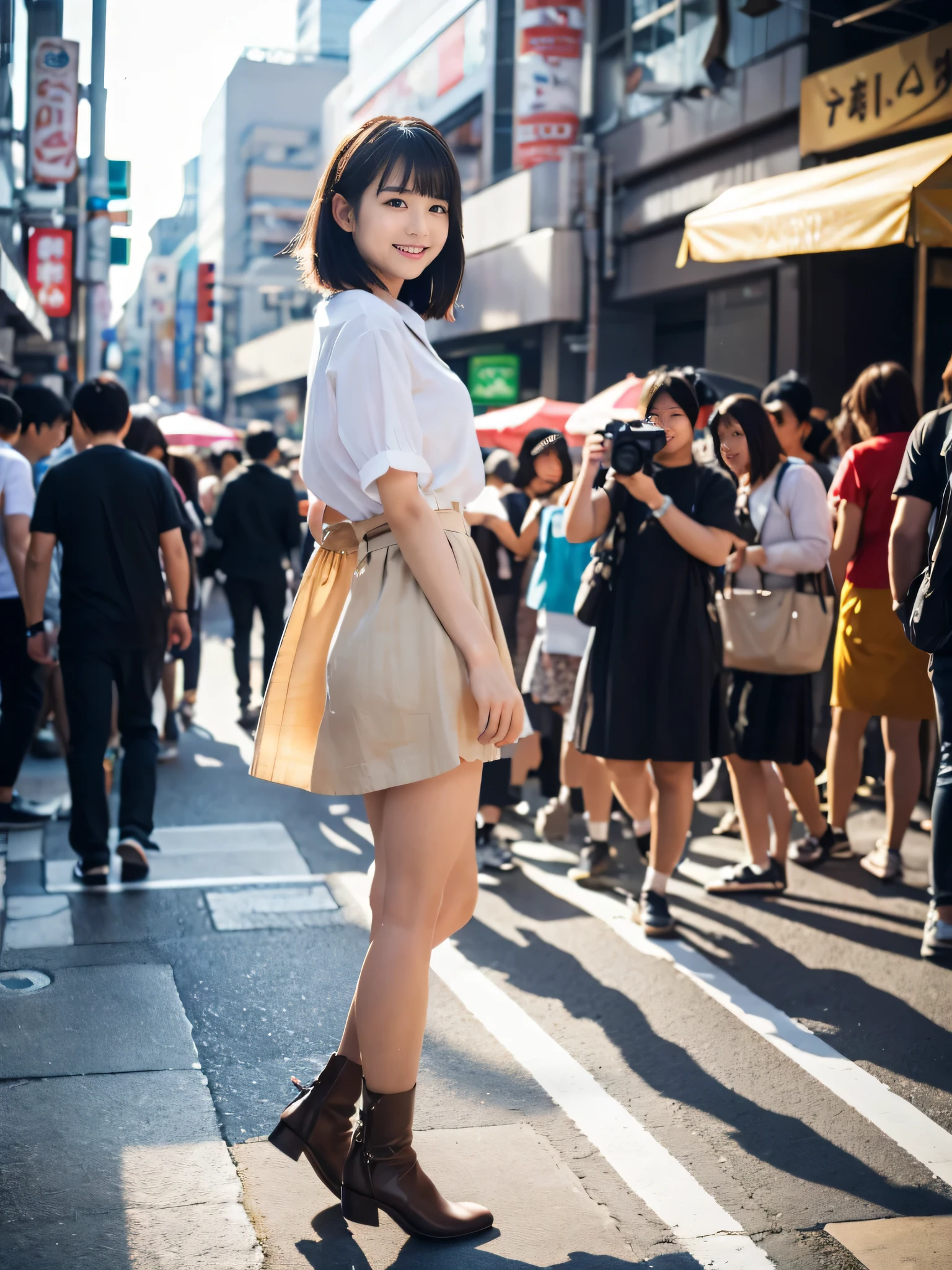 ultra best quality、masterpiece、超hight resolution、depth of fields、(Photorealsitic:1.4)、(awardwinning photo、信じられないほどのmasterpiece:1.3) 、Raw photography、the golden ratio、the Extremely Detailed CG Unity 8K Wallpapers、Detailed and complex、Original、hight resolution、Raw foto、(perfect body type)、Detailed and complex、Digital SLR、softlighting、(background person blur:1.1)、SIGMA 85 mm F/1.4、50mm Lenac lighting、nffsw、hyper realstic、Color Grade、dynamicposes、Portrait Break、 独奏、short-hair:1.4、girl with、Super beauty、(Full body like:1.2)、japanese bodybian、独奏)、thighs gap、A smile:1.4、University、cute little女子高生、short-cut、Detailed Realistic、Skin Texture、(realistic human skin texture)、Front view View viewer、natural soft light、Daytime、in a street、deep-shadows、cute little、21 years old BREAK、 a street、The state of the store、akihabara、Shinjuku、with no people、(akihabara:1.2)