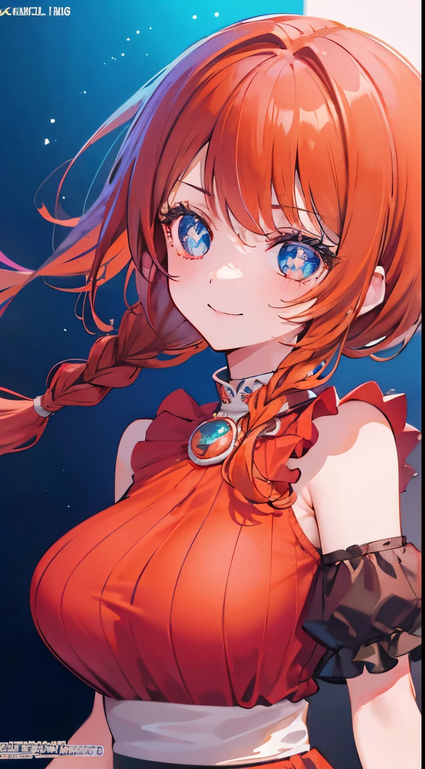 18 year old beautiful girl, blue big eyes, Petite and slender、slightly large breast, ((scarlet orange hair,)),(Loose fluffy short braided hair), in 8K, of the highest quality, (Highly detailed head: 1.0), (Very detailed face: 1.0), (very detail hair: 1.0),(cute idol costumes)、sexy tattoo, Detailed official artwork, anime moe art style, clean detailed anime art, Cool smile