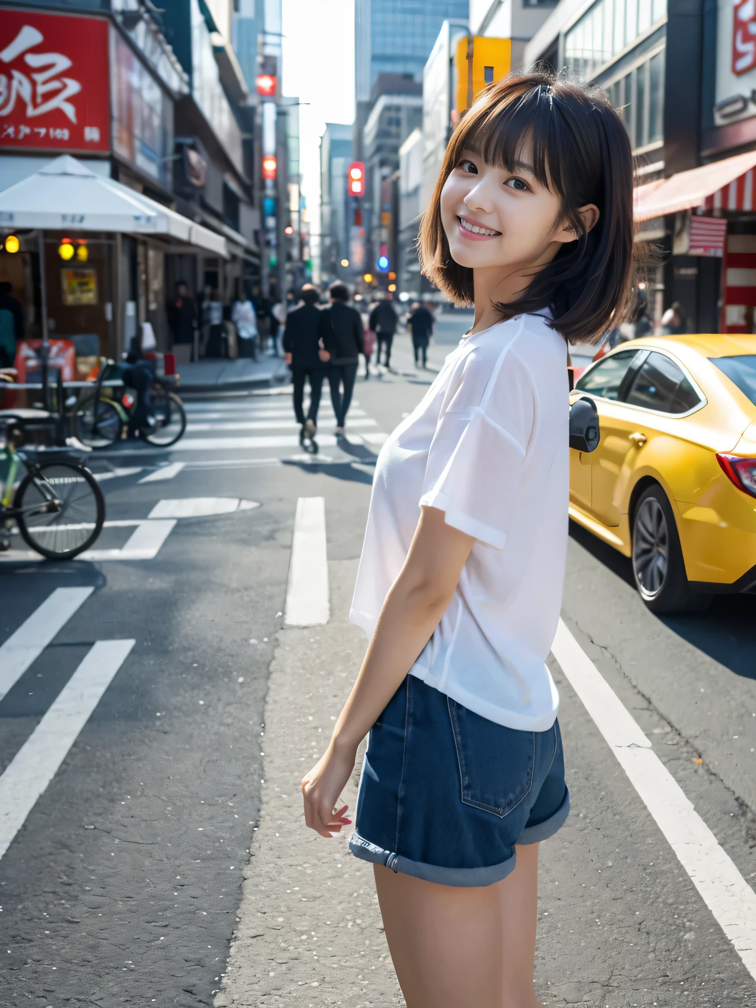 ultra best quality、masterpiece、超hight resolution、depth of fields、(Photorealsitic:1.4)、(awardwinning photo、信じられないほどのmasterpiece:1.3) 、Raw photography、the golden ratio、the Extremely Detailed CG Unity 8K Wallpapers、Detailed and complex、Original、hight resolution、Raw foto、(perfect body type)、Detailed and complex、Digital SLR、softlighting、(background person blur:1.1)、SIGMA 85 mm F/1.4、50mm Lenac lighting、nffsw、hyper realstic、Color Grade、dynamicposes、Portrait Break、 独奏、short-hair:1.4、girl with、Super beauty、(Full body like:1.2)、japanese bodybian、独奏)、thighs gap、A smile:1.4、University、cute little女子高生、short-cut、Detailed Realistic、Skin Texture、(realistic human skin texture)、Front view View viewer、natural soft light、Daytime、in a street、deep-shadows、cute little、21 years old BREAK、 a street、The state of the store、akihabara、Shinjuku、with no people、(akihabara:1.2)