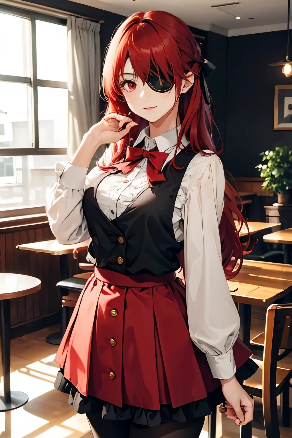 ((best quality)), ((masterpiece)), (detailed), perfect face, ((eyepatch:1.2)), (long hair:1.4), (red hair, red eyes:1.4), 1girl, solo, skirt, shirts, vest, legging, white shirts, Button-up shirts, black vest, smile, outdoors, black skirt, looking at viewer, black legging, rose pattern legging, long sleeves, bangs, ribbon, frilled skirt, frills, plaid, bow, Star shape eyepatch, gold eyepatch, standing, red ribbon, wide sleeves, hand on waist, medium breasts, cafe, inside bosco cafe, cowboy shot, elegance, adult women